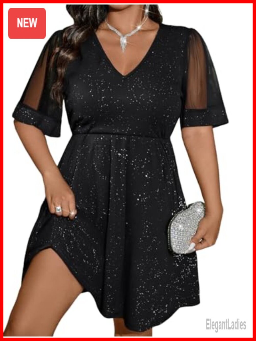 Plus Size A-Line Dress Mesh Short Sleeve V-Neck Glitter Ruffle Cocktail Party